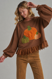 PUMPKIN APPLIQUE FALL THANKSGIVING TOP WITH EYELASH LACE HEM