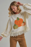 PUMPKIN APPLIQUE FALL THANKSGIVING TOP WITH EYELASH LACE HEM