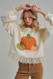 PUMPKIN APPLIQUE FALL THANKSGIVING TOP WITH EYELASH LACE HEM