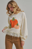 PUMPKIN APPLIQUE FALL THANKSGIVING TOP WITH EYELASH LACE HEM