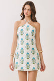 CD07014-Floral Halter Side Zipper Neck Mini Dress