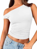 Ladies Solid Color Ruched One Shoulder Short Sleeves Top