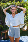T2576 Short Sleeve Ruffled Hoodie Crop Top