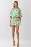CS4064-Bird & Floral Print Scalloped Hem Mini Skirt