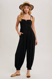 GAUZE SMOCKED BUTTON FRONT SHOULDER TIE JUMPSUIT