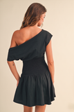 ID9559  OFF SHOULDER SMOCKED WAIST MINI DRESS