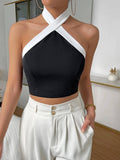 Black and White Color Blocked Neck Top