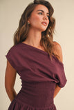ID9559  OFF SHOULDER SMOCKED WAIST MINI DRESS