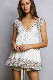 V-neck Thermal Lace Contrast Ruffle Floral Print Sleeveless