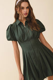 CD05305-Fit and Flare Zipper Front Bubble Sleeves Dress