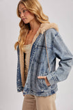 BUTTON DOWN FAUX FUR HOODED DENIM JACKET