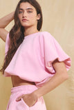 Scuba Bubble Hem And Sleeve Solid Crop Top