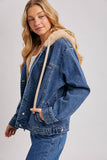 BUTTON DOWN FAUX FUR HOODED DENIM JACKET