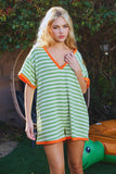 R5596A Striped Knit Binding Details V-neck Romper