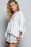 Floral Panel Textured Knit Ruffle Sleeve Oversized Top