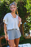 T2576 Short Sleeve Ruffled Hoodie Crop Top