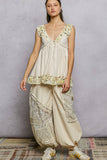 V-neck Thermal Lace Contrast Ruffle Floral Print Sleeveless