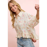 FLORAL CRINKLE QUARTER SLEEVE RUFFLE HEM SHIRT TOP