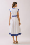 CD06045-Contrast Printed Trim Detail V Neck Midi Dress