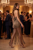 Satin Cowl Halter Top & Maxi Skirt Set with Fringe Detail