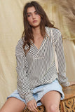 IT2283 V-neck Rounded Hem Striped Hoodie Top