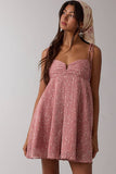 PINK DITSY V-SHAPE HOLE TIE STRAP SWING MINI DRESS