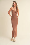 RUCHED DETAIL HALTER NECK KNIT LONG SLIT DRESS