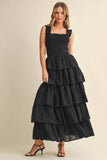 ID8988-B FLORAL EYELET RUFFLE STRAP SMOCKED TIERED MAXI