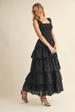 ID8988-B FLORAL EYELET RUFFLE STRAP SMOCKED TIERED MAXI