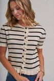 STRIPE KNITTED SWEATER BUTTON DOWN CARDIGAN TOP WITH RUFFLE