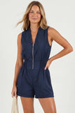 Smocking Sleeveless Front Zip Romper