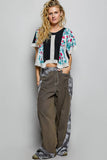 Round Neck Contrast Floral Eyelet Trim Rib Short Sleeve Top