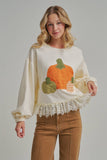 PUMPKIN APPLIQUE FALL THANKSGIVING TOP WITH EYELASH LACE HEM