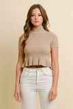 MOCK NECK RIBBED RUFFLED SHORT SLEEVE SWEATER