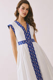 CD06045-Contrast Printed Trim Detail V Neck Midi Dress