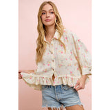 FLORAL CRINKLE QUARTER SLEEVE RUFFLE HEM SHIRT TOP