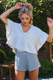 T2576 Short Sleeve Ruffled Hoodie Crop Top