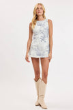 TOILE PRINT DENIM BOAT NECK CASUAL MINI DRESS