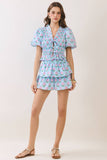 CT9889-Floral Print Ruffle Trim Puff Sleeve Tie Front Top