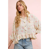 FLORAL CRINKLE QUARTER SLEEVE RUFFLE HEM SHIRT TOP