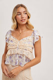 FLORAL PRINT RUFFLE LACE TRIMMED SWEETHEART NECK TOP