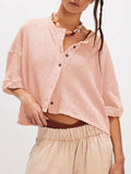 Oversized boxy round neck Buttoned short sleeve knit top