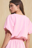 Scuba Bubble Hem And Sleeve Solid Crop Top