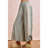 FLORAL EYELET SIDE ELASTIC STRIPES WIDE LEG PANTS