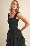 ID8988-B FLORAL EYELET RUFFLE STRAP SMOCKED TIERED MAXI