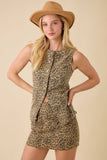 Leopard Printed Denim Snap Button Round Neck Vest
