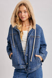 BUTTON DOWN FAUX FUR HOODED DENIM JACKET