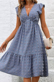Blue Jacquard Sleeveless V Neck Ruffle Dress BFZY997