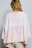 Floral Panel Textured Knit Ruffle Sleeve Oversized Top