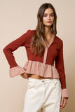Gingham Trim Ruffle Knit Cardigan